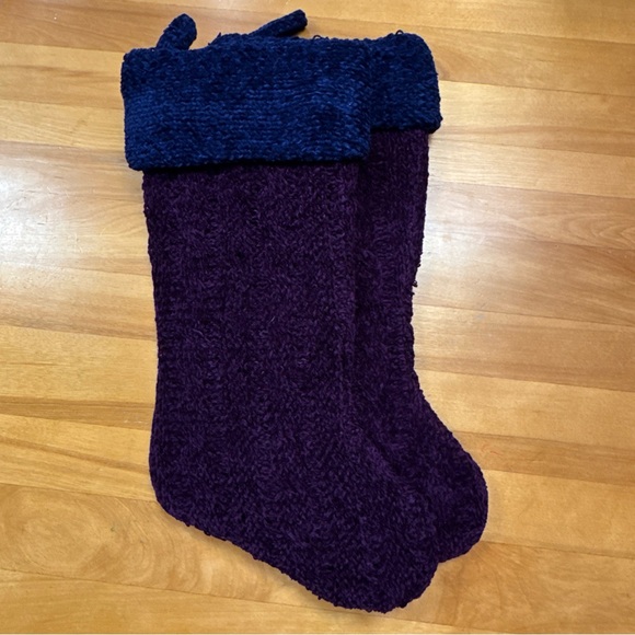 Set Of 2 Purple Cable Knit Christmas Stockings Lined w/Blue Cuff - Picture 9 of 10